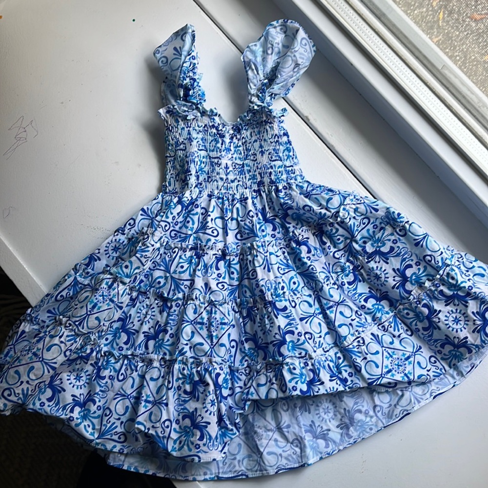 Hill House Home Tiny Ellie Nap Dress Blue Mosaic Poplin 3/4
